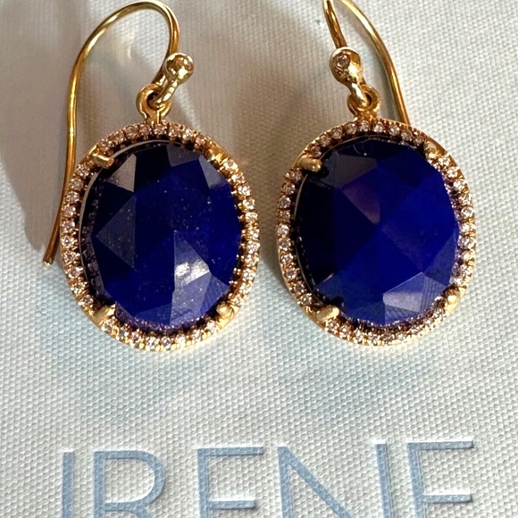 Designer IRENE NEUWIRTH 18K Yellow Gold Oval Lapis Lazuli Diamond Drop Earrings - Picture 4 of 15